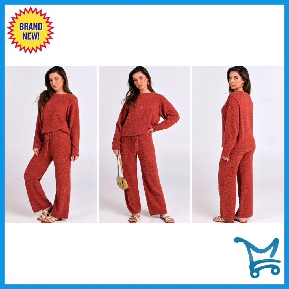 Fuzzy Fleece Pajama Set Loose Fit Lounge Wear Long Sleeve Wide Leg Pants